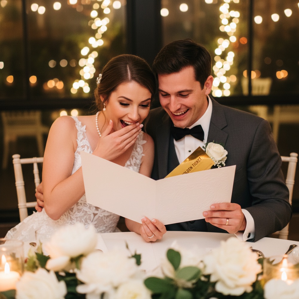 A newlywed couple delighted to find a golden ticket in a wedding card